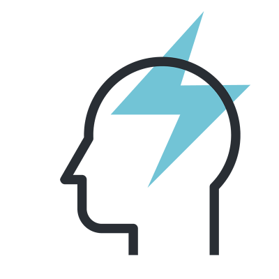 Outline of a head in profile with blue lightening bolt at the center