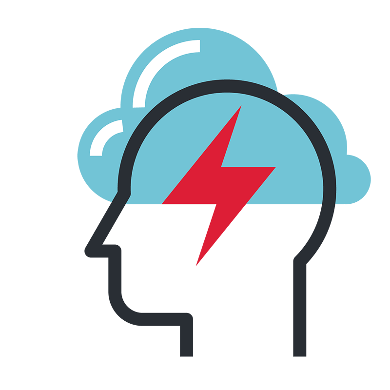 Outline of a head in profile with blue cloud and red lightening bolt at the center