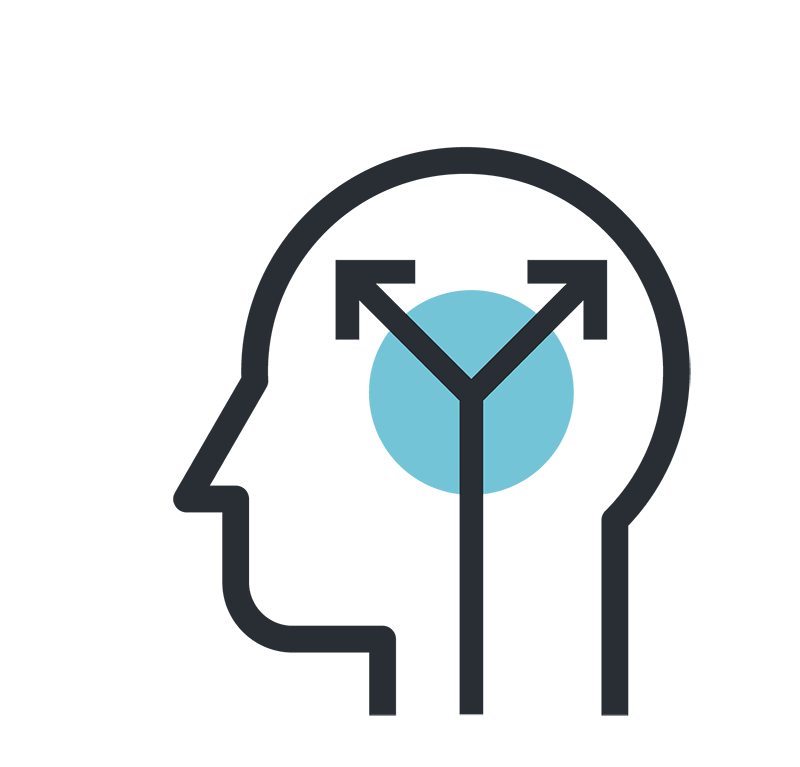 Outline of a head in profile with blue circle and two-pronged arrow at the center